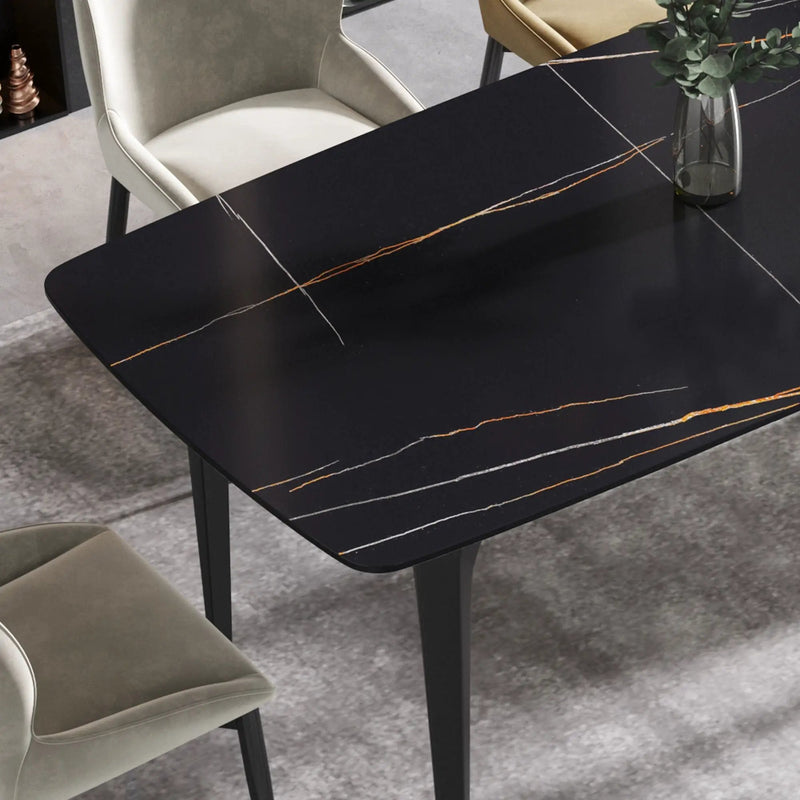 63" Artificial Stone Black Curved Black Metal Leg Dining Table, 6 People - Black by HouseOfZazla