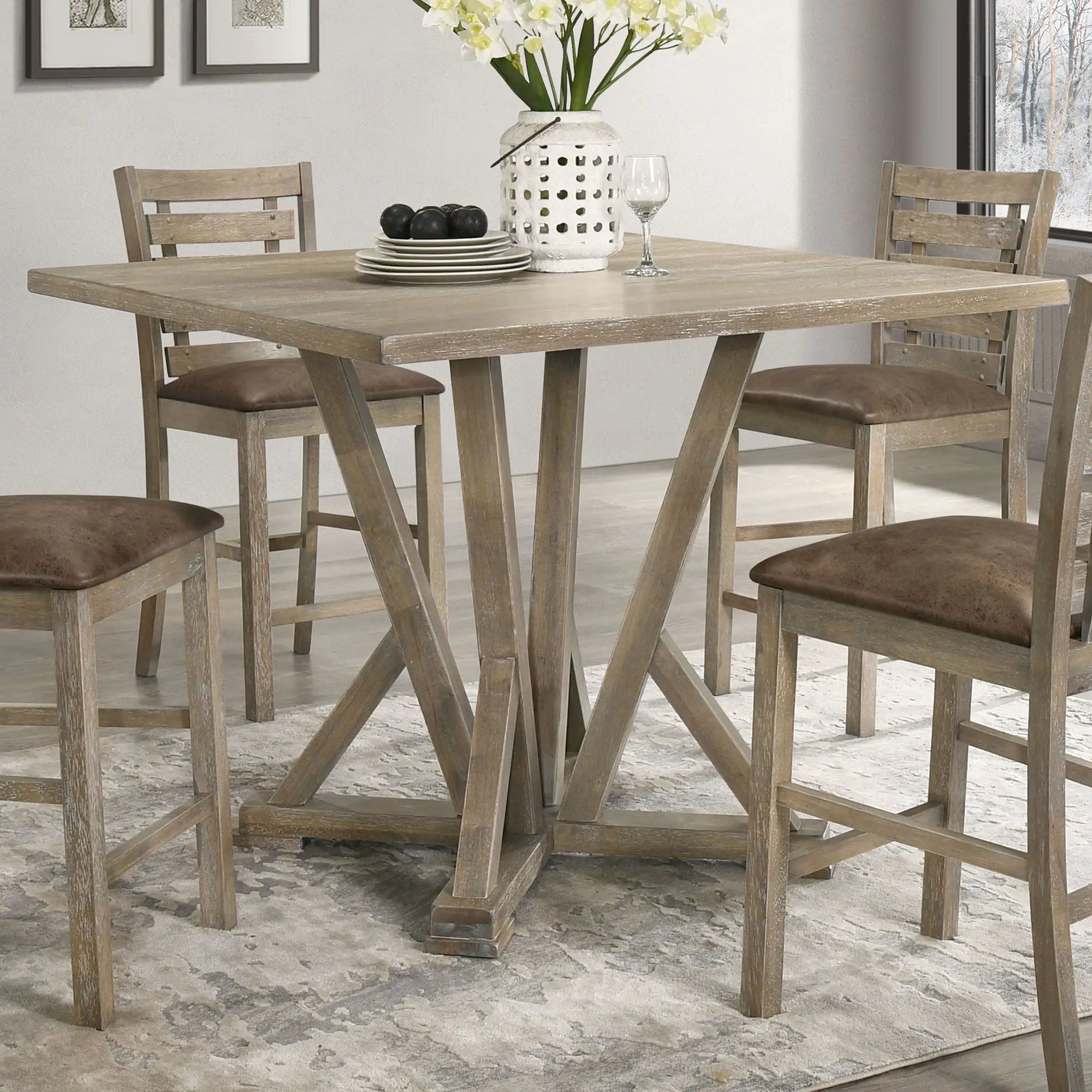 Modern Farmhouse Square Counter Table Solid Wood Rubberwood Antique Finishing Rustic Look Distressed Look Wire Brushed For 4 Seaters - Grayish Brown by HouseOfZazla