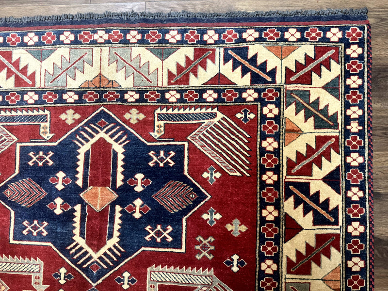 Turkish Kazak Rug 6x8, Caucasian Design, Geometric Medallions, Red Blue Beige by Jewel Rugs