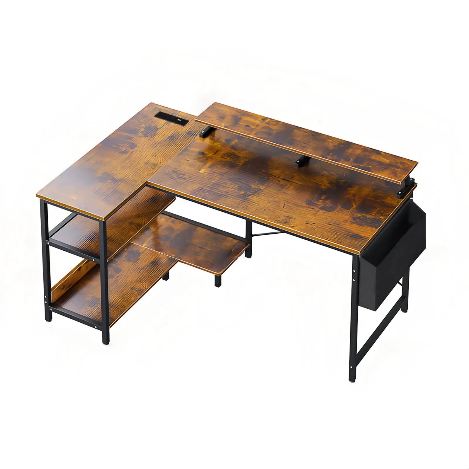 L-Shaped Gaming Desk With Power Outlets, Monitor Stand & Storage Shelves, Reversible Corner Workstation - Black / Brown by Unique Piece Furniture