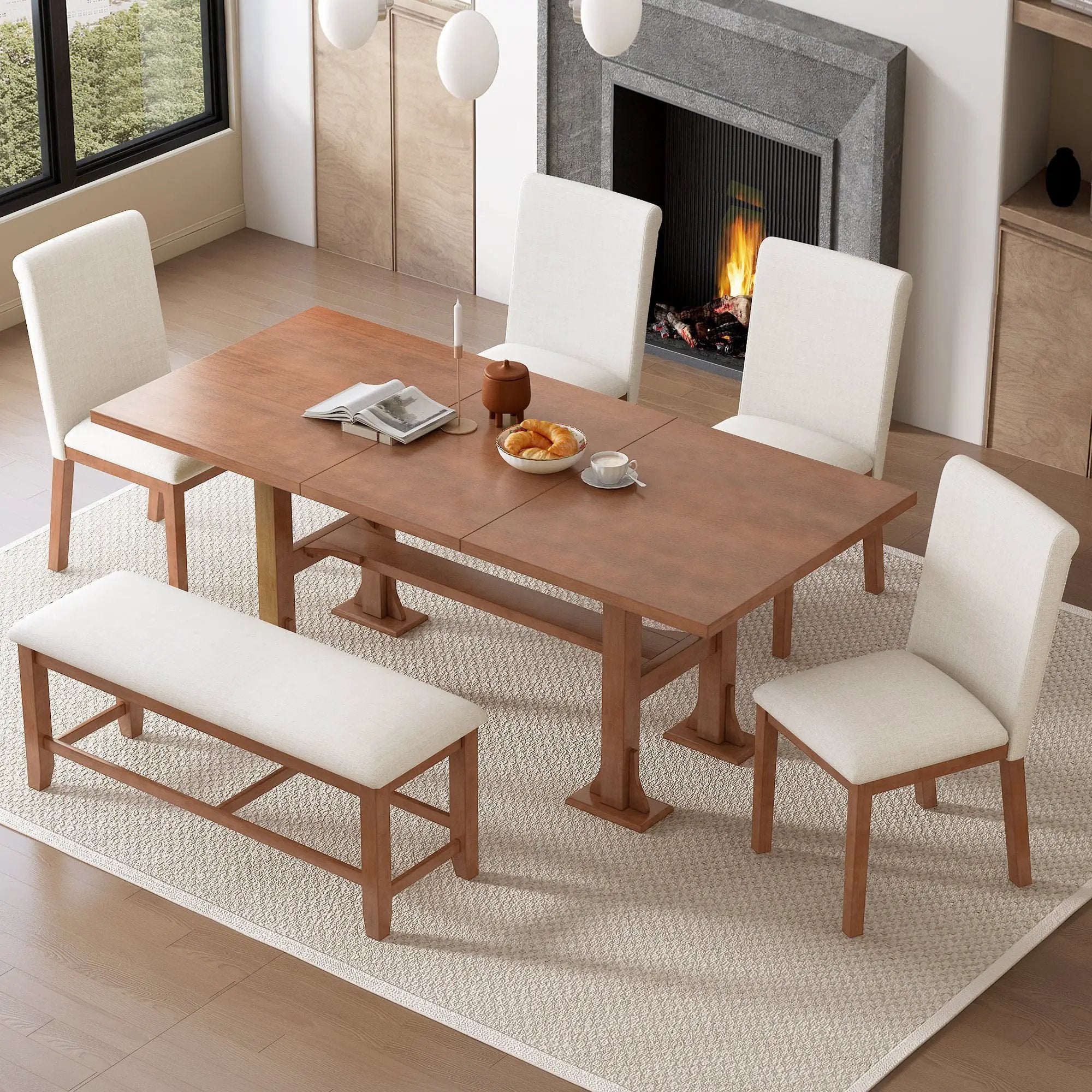 TOPMAX Farmhouse 76inch 6-Piece Extendable Dining Table Set by HouseOfZazla