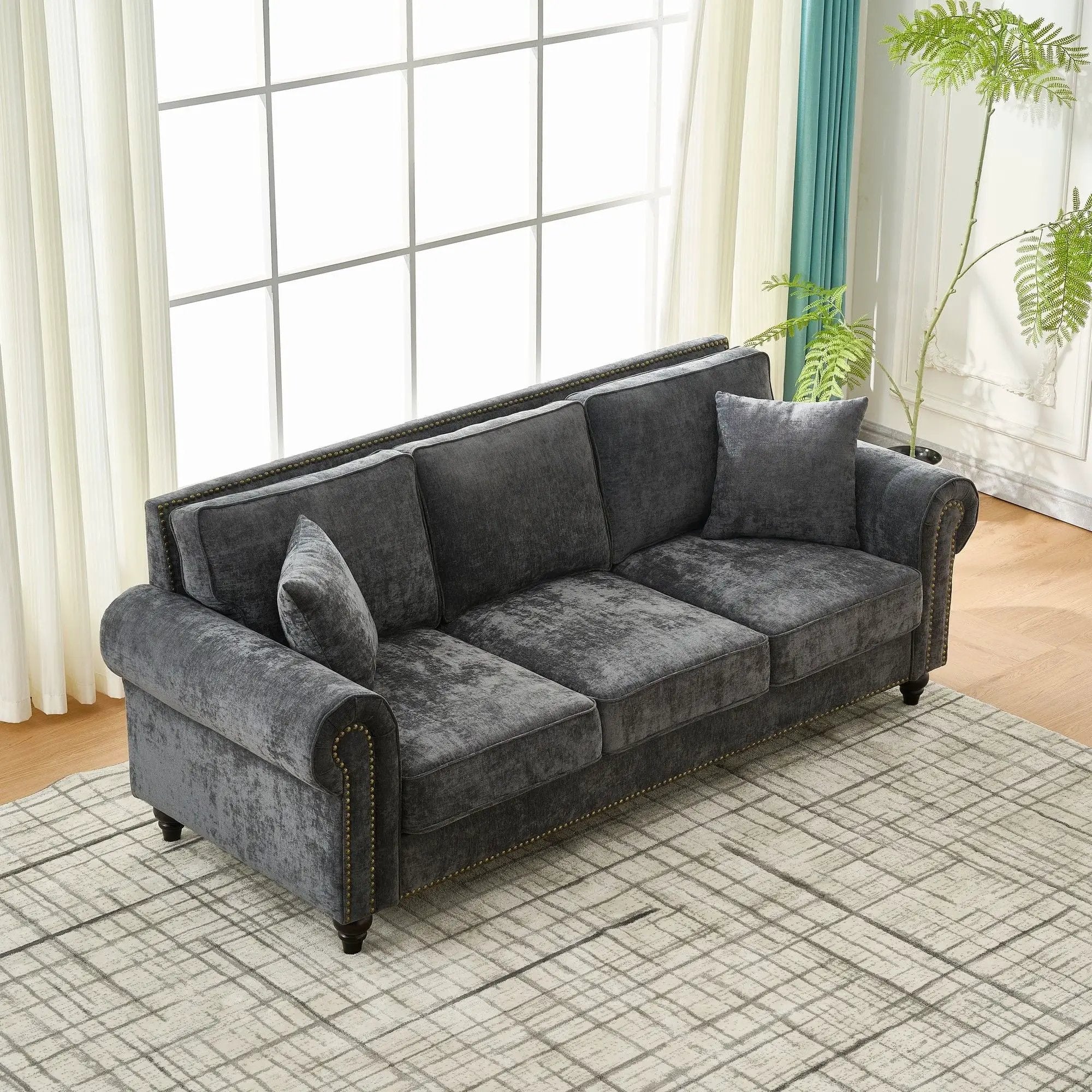 3 Seater Sofa With Tufted Upholstery, Rolled Arms, Nailhead Trim by Unique Piece Furniture