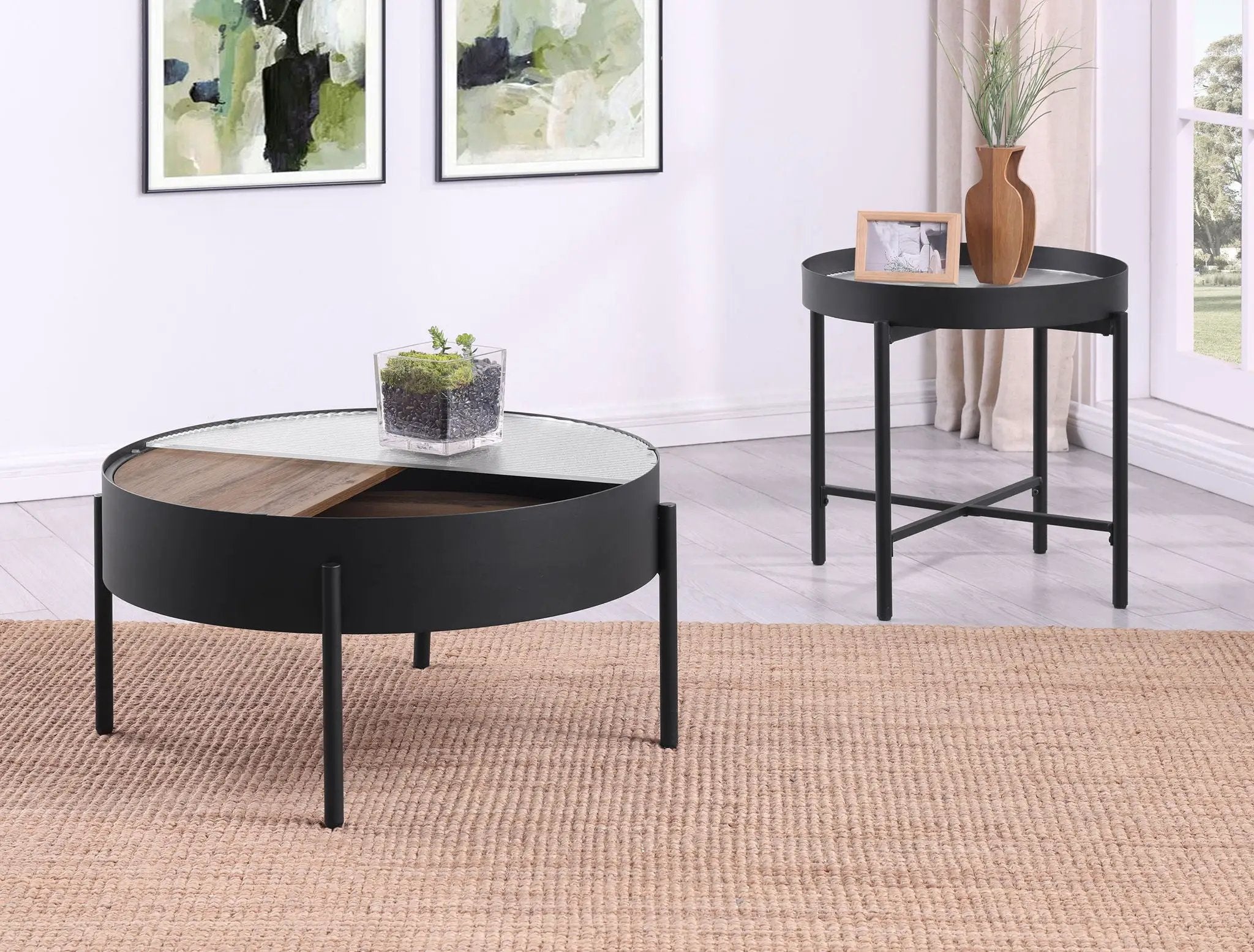 Ozella 2-piece Round Coffee and End Table Set Sandy Black by Unique Piece Furniture