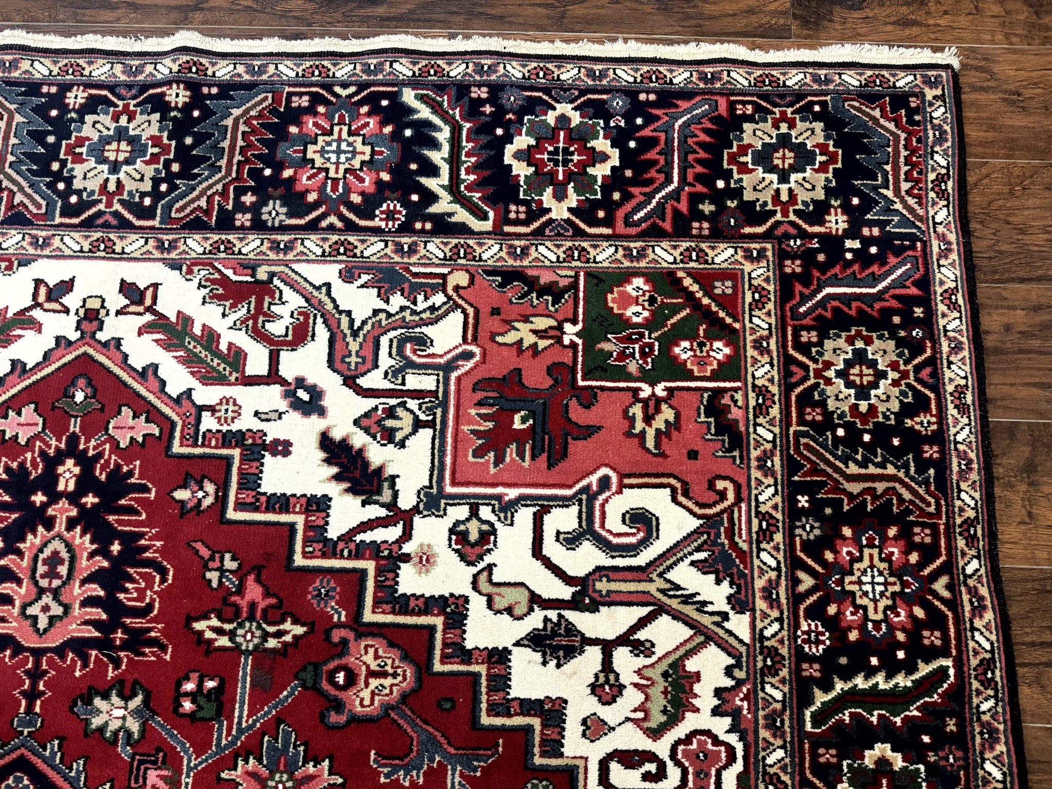 Indo Persian Heriz Rug 8x10, Geometric Medallion, Brick Red Ivory Navy Blue, Room Sized Heriz Carpet, Wool Rug by Jewel Rugs