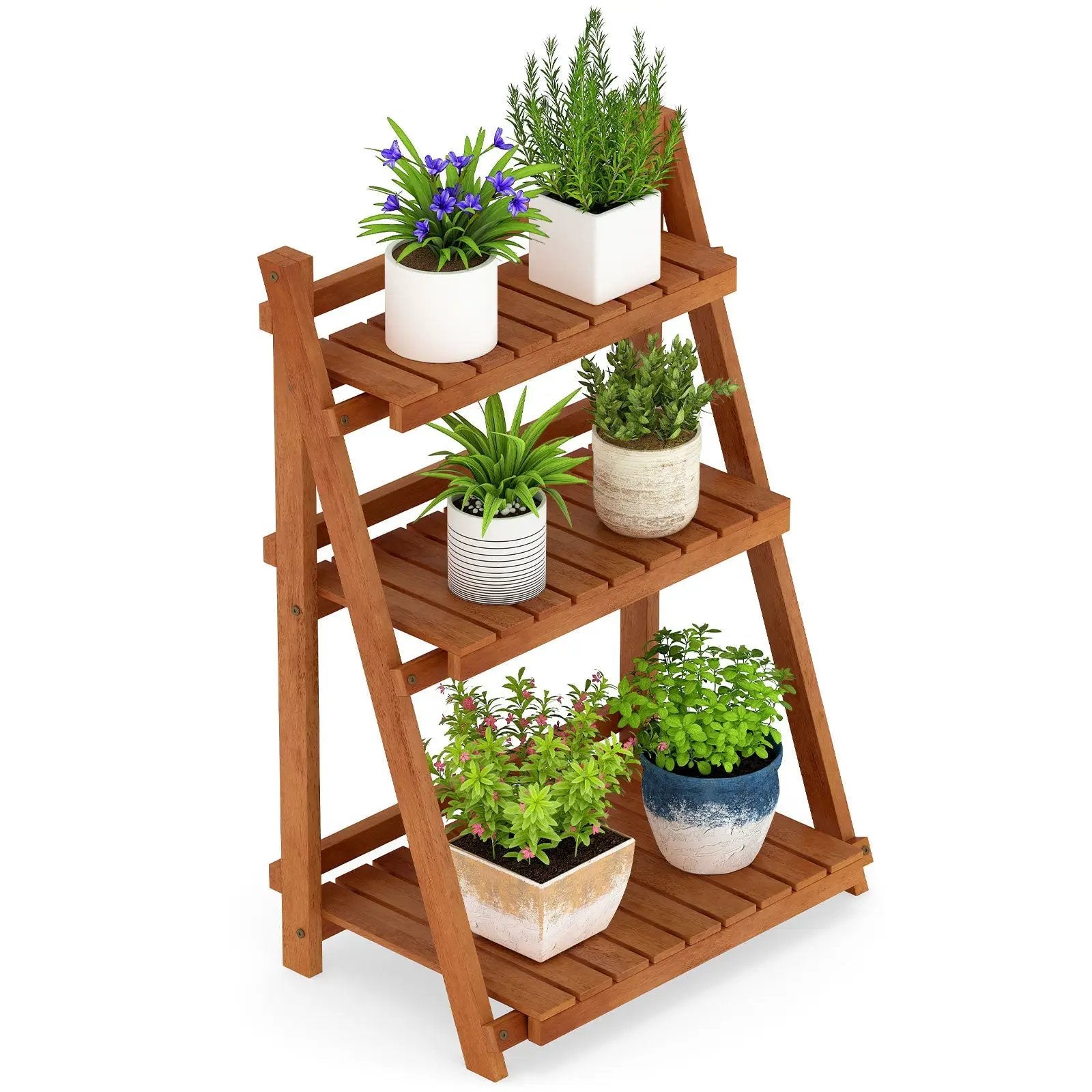 Foldable 3-Tier Solid Wood Plant Stand for Patio Balcony by DirectDeals