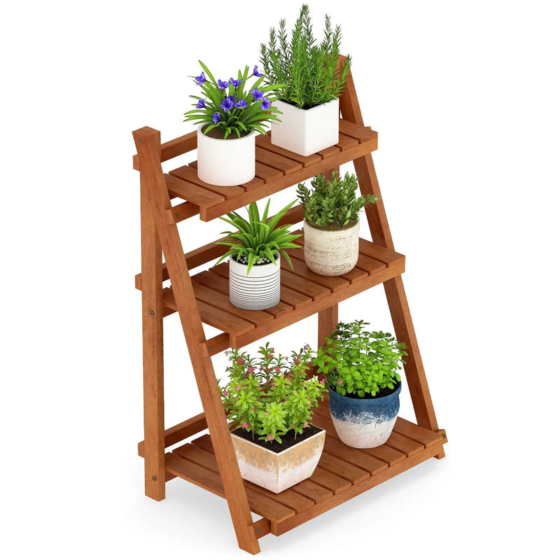 Foldable 3-Tier Solid Wood Plant Stand for Patio Balcony by DirectDeals