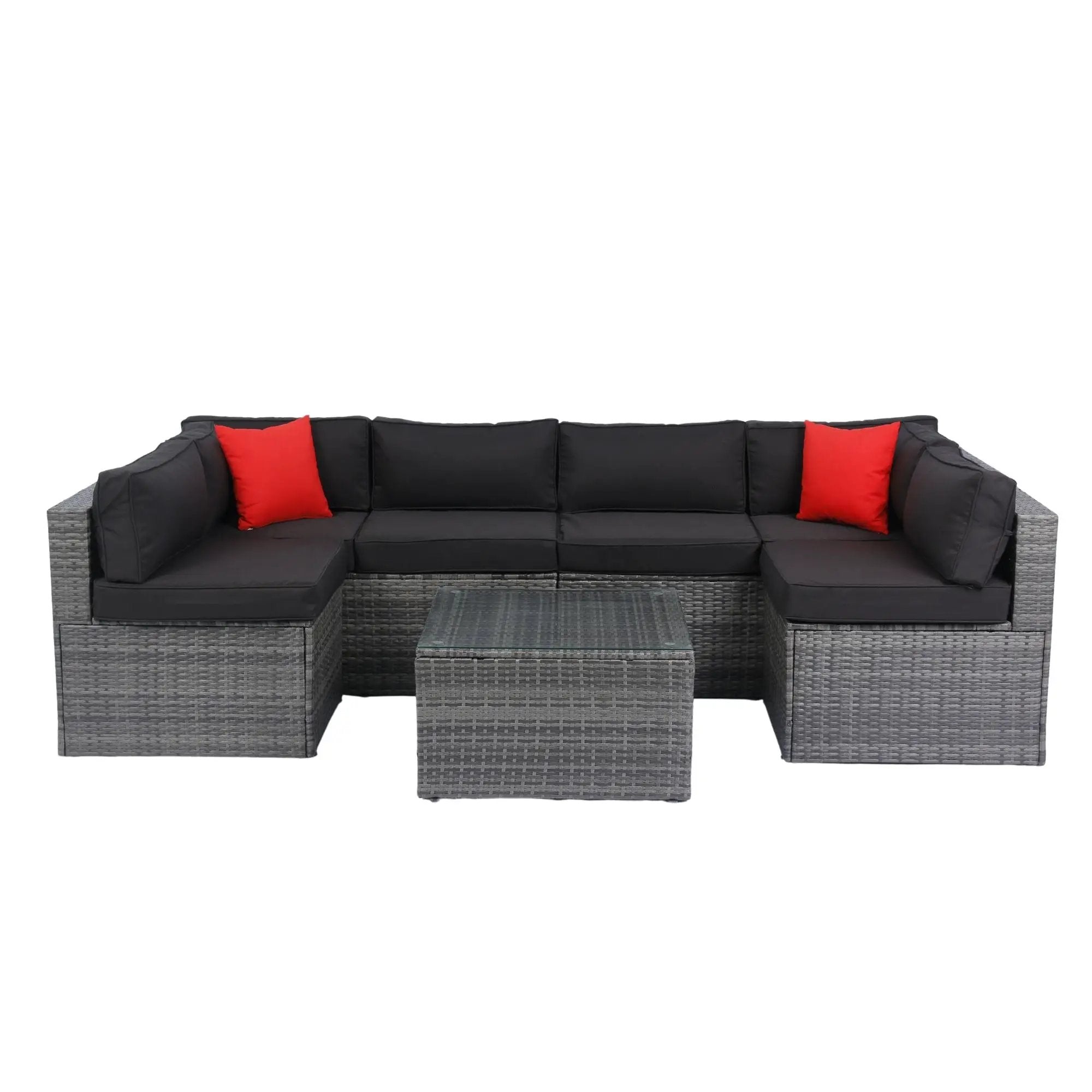 5 Pieces Rattan Sectional Outdoor Furniture Cushioned U Sof Set With 2 Pillow - Gray / Black by HouseOfZazla