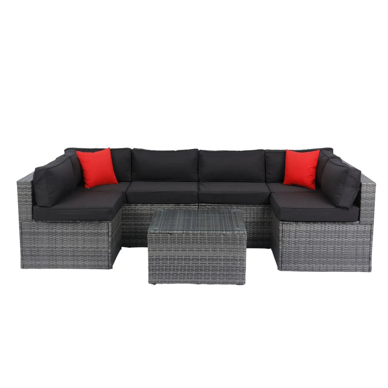 5 Pieces Rattan Sectional Outdoor Furniture Cushioned U Sof Set With 2 Pillow - Gray / Black by HouseOfZazla