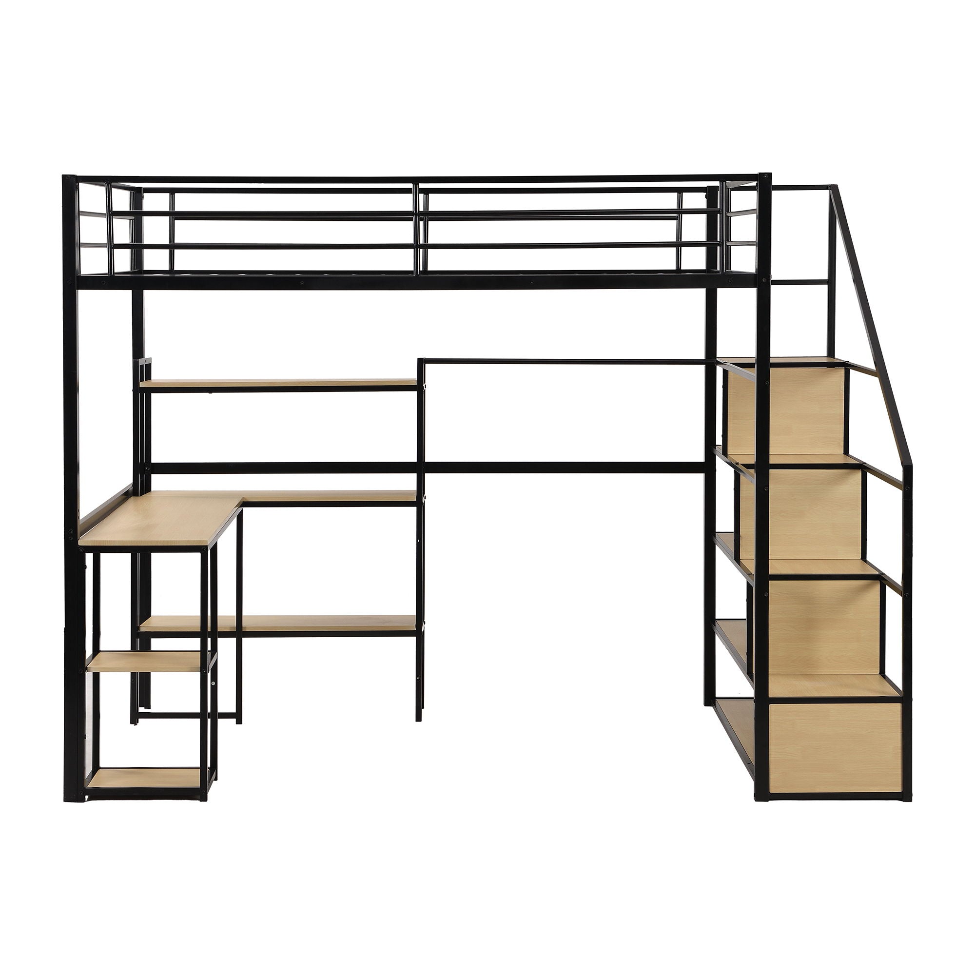Full Size Loft Bed With Staircase, Built In Desk And Shelves And Sleeping Surface - Black by HouseOfZazla