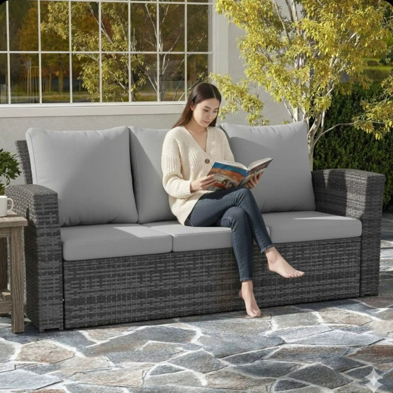 All-Weather Wicker 3 Seat Patio Sofa With Thick Cushions by HouseOfZazla