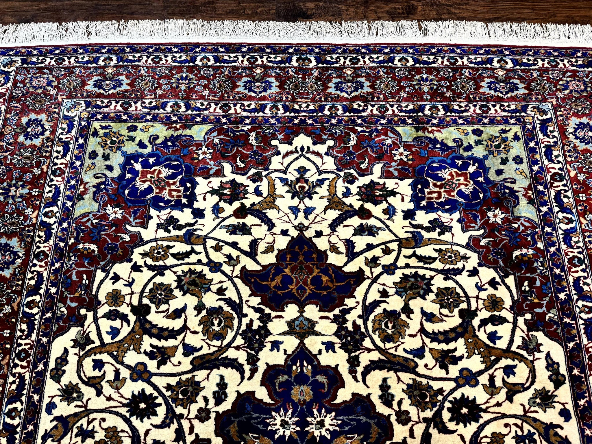 Wonderful Persian Isfahan Rug 7x9, Ivory Navy Blue Red, Floral Medallion, Very Finely Hand Knotted 260 KPSI, Handmade Wool Vintage Rug by Jewel Rugs