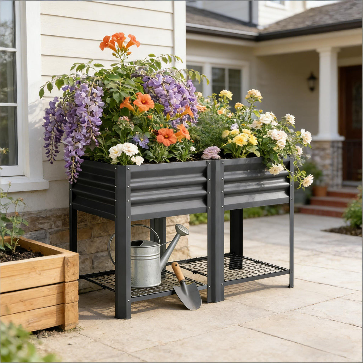 Elevated Steel Patio Planter Box with Bottom Shelf - Dark Gray