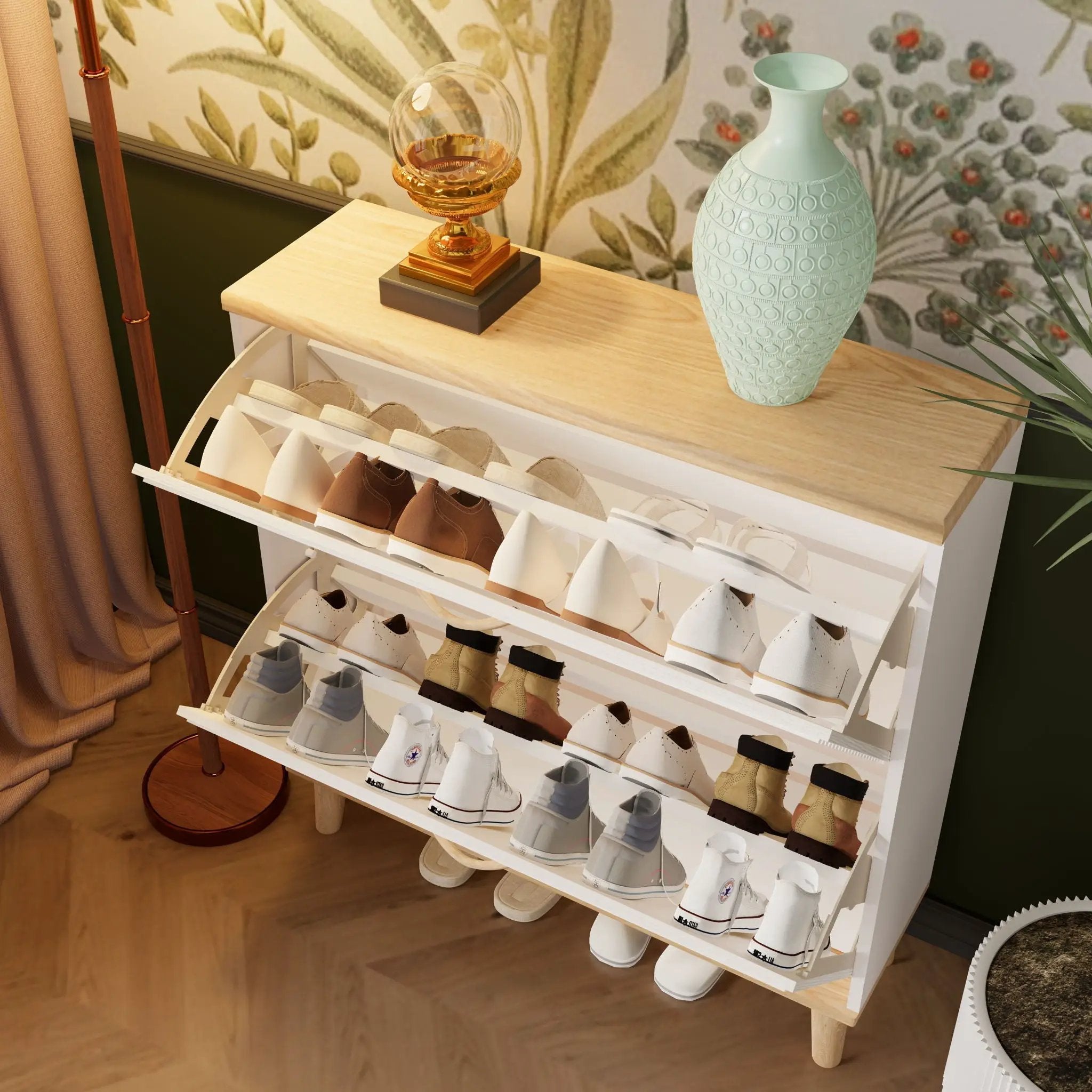 Narrow - Entryway Shoe Storage Cabinet With 2 Flip Drawers Legs - Natural / White by HouseOfZazla