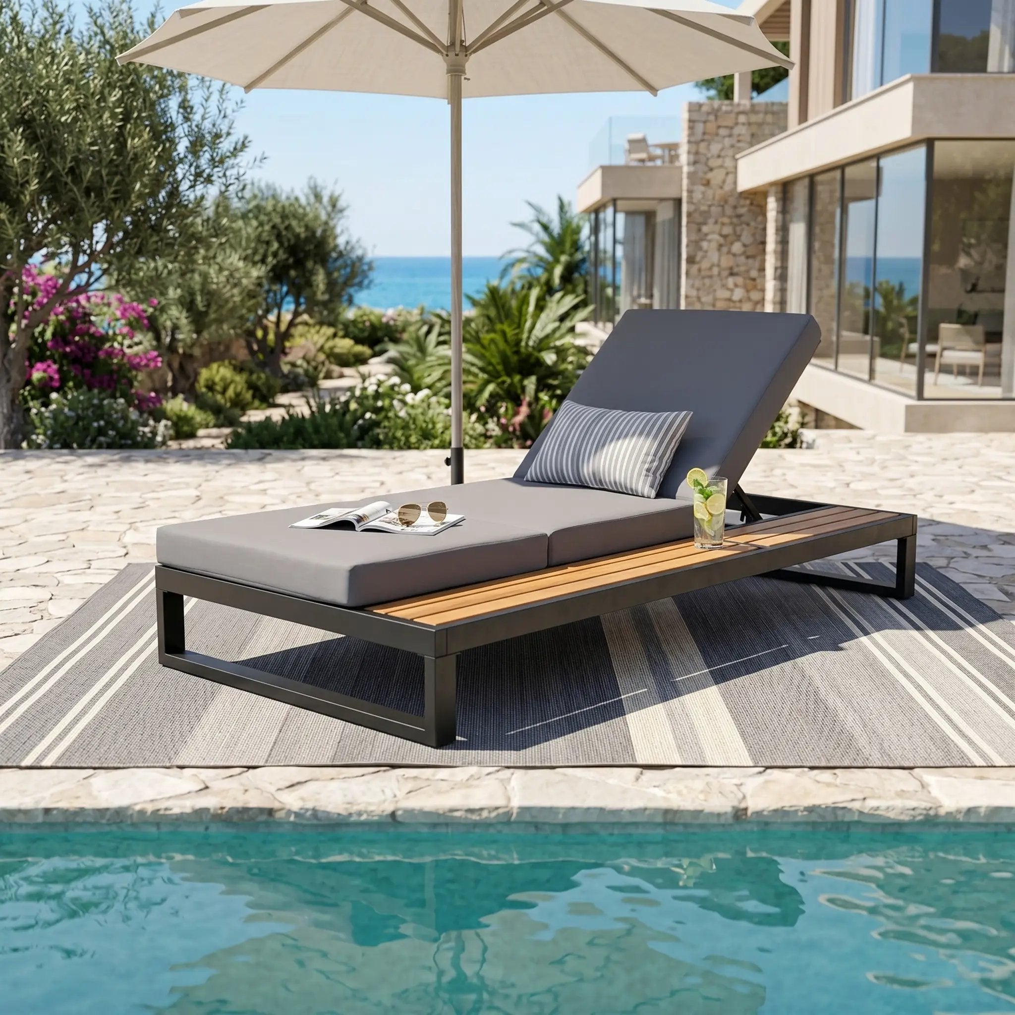 Black Iron & Teak Finish Chaise Lounge Set by HouseOfZazla