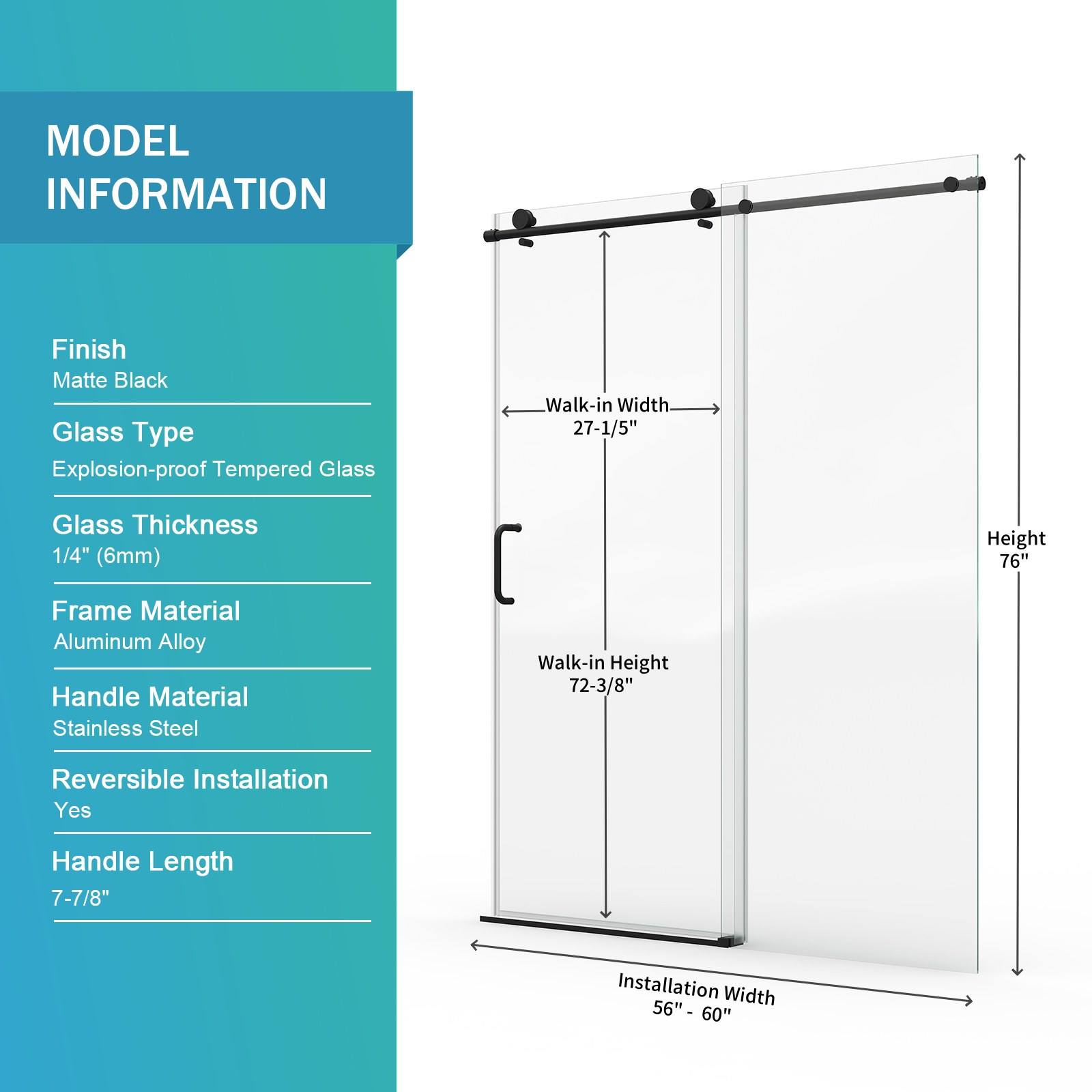 56" - 60" W x 76" H Single Sliding Frameless Shower Door by HouseOfZazla