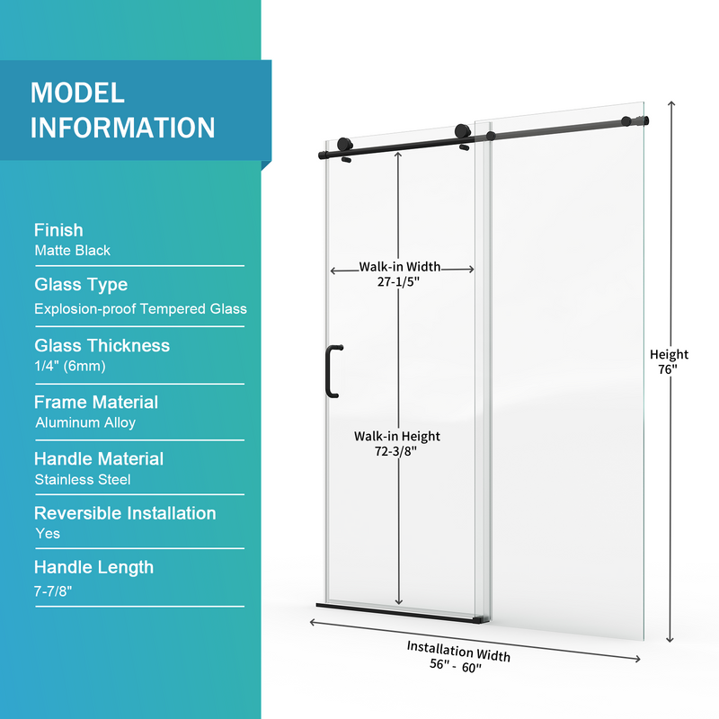 56" - 60" W x 76" H Single Sliding Frameless Shower Door by HouseOfZazla