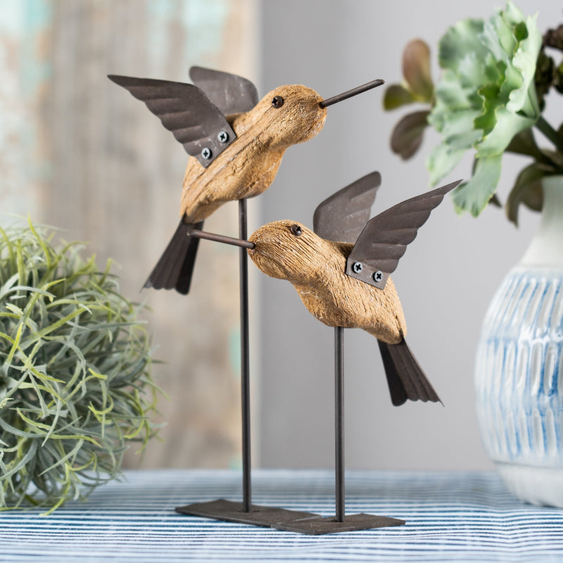 Natural Fir Wood Bird Figurine with Rustic Metal Accents (Set of 2), photo 4 of 4
