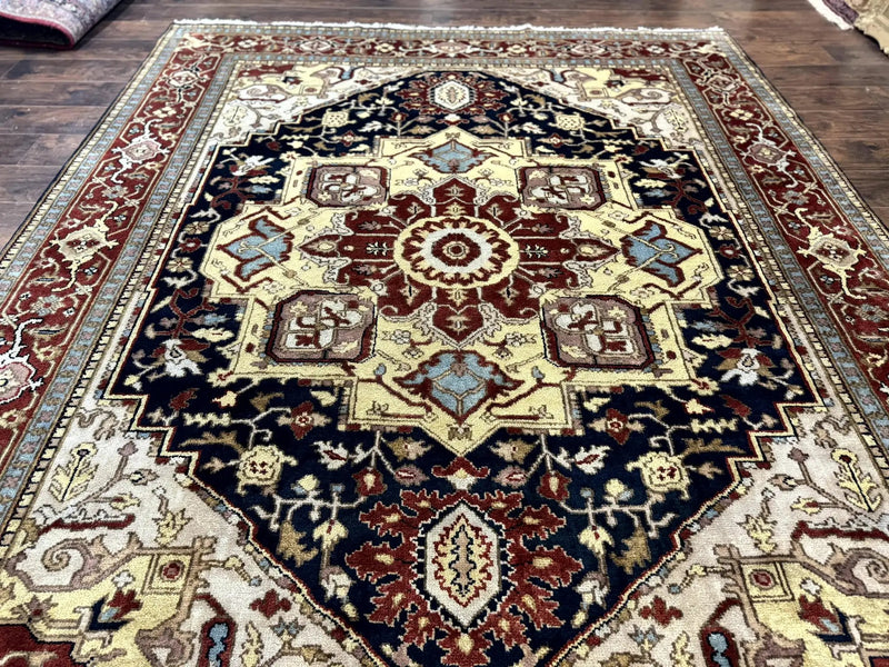 Indo Persian Heriz Rug 8x10, Geometric Medallion, Serapi Carpet, Wool Vintage Rug by Jewel Rugs