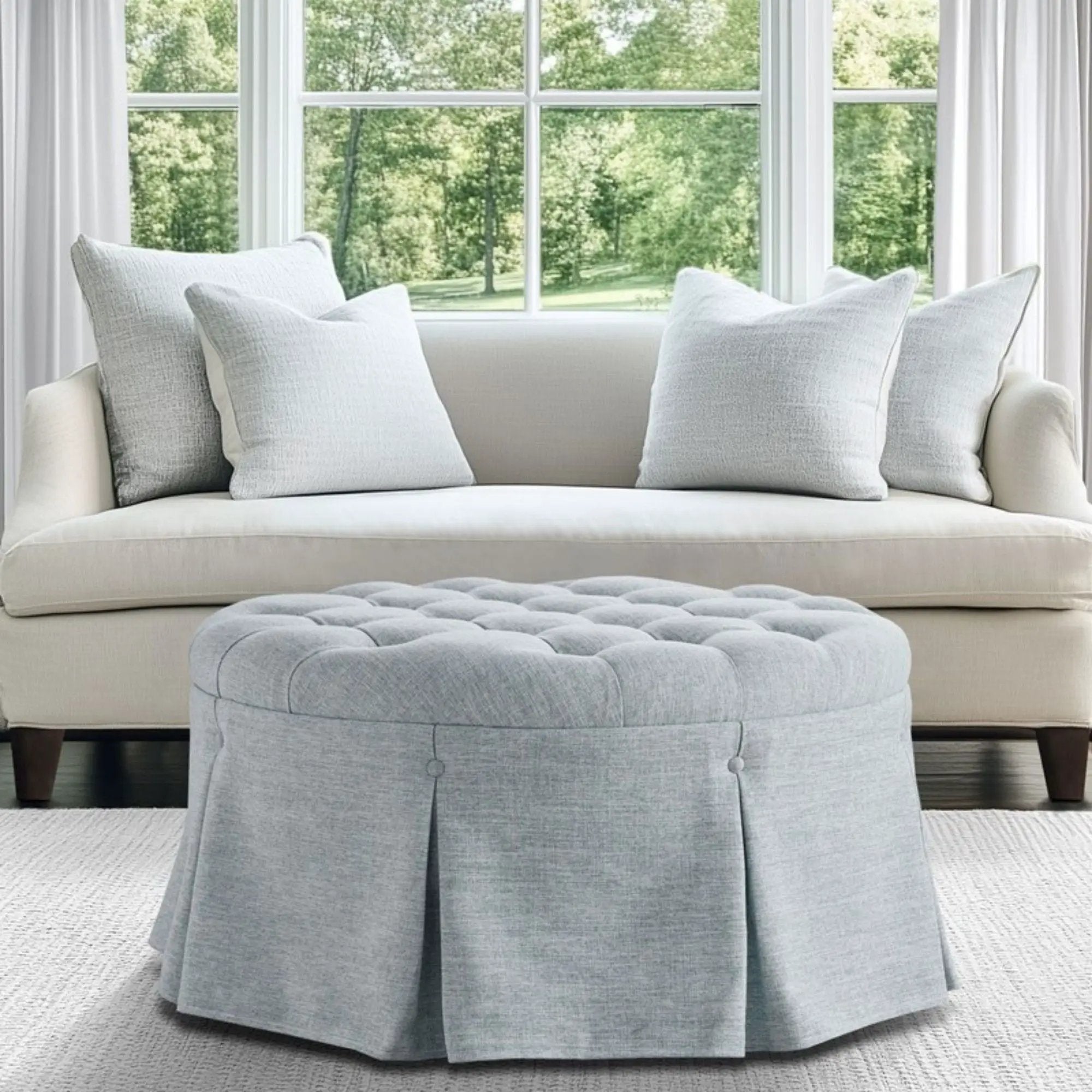 Skirted Tufted Round Ottoman With Button Top - Gray by HouseOfZazla