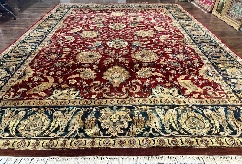Indo Persian Rug 10x14, Indian Agra Carpet, Vintage Handmade Wool Large Traditional Rug, Dark Red Navy Blue Beige by Jewel Rugs