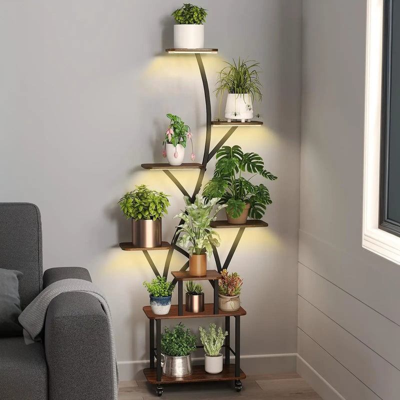 Plant Stand Indoor With Grow Light, 8 Tiered Tall Indoor Plant Shelves For Multiple Plants - Walnut / Black by HouseOfZazla