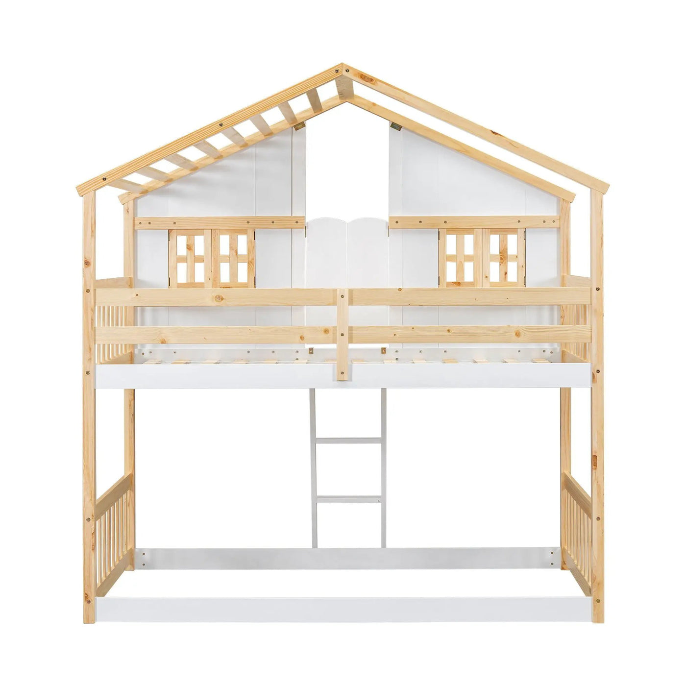 House Bunk Bed With Roof, Window, Window Box, Door, With Safety Guardrails And Ladder by HouseOfZazla