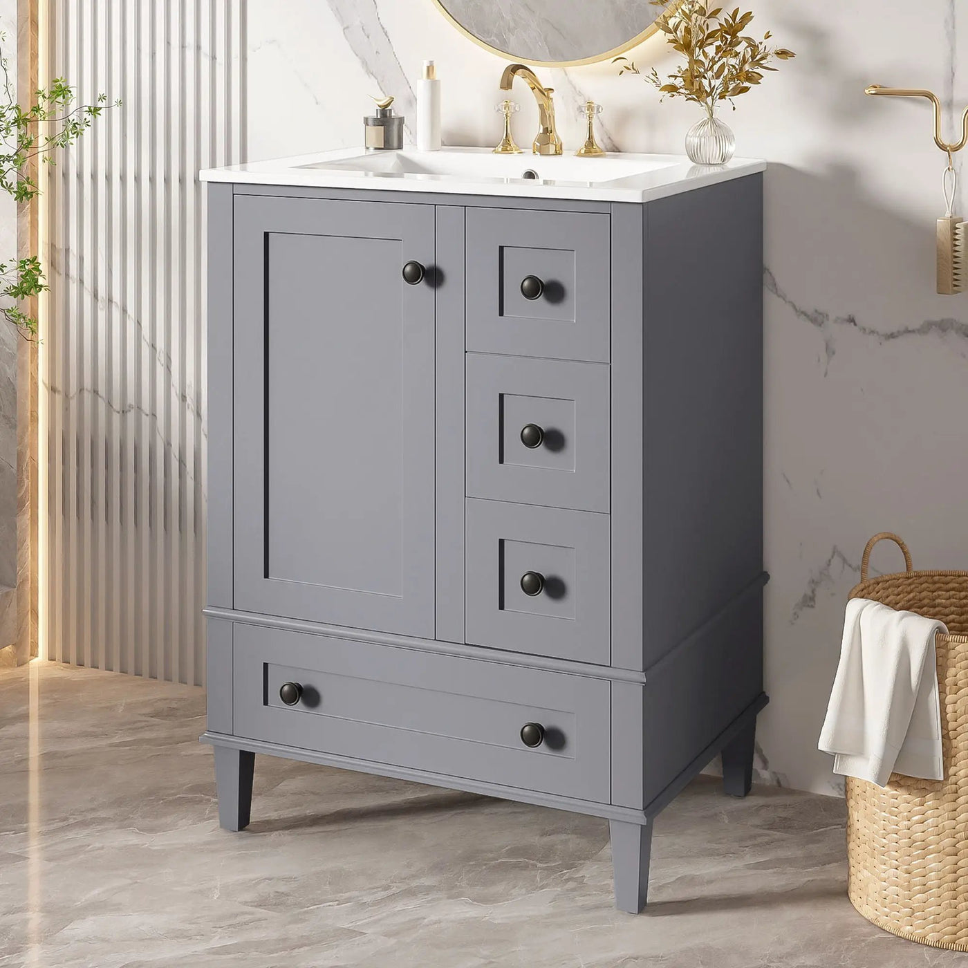 Bathroom Vanity With Integrated Basin, Soft Close Drawers, Door Mounted Double Layer Shelf by HouseOfZazla