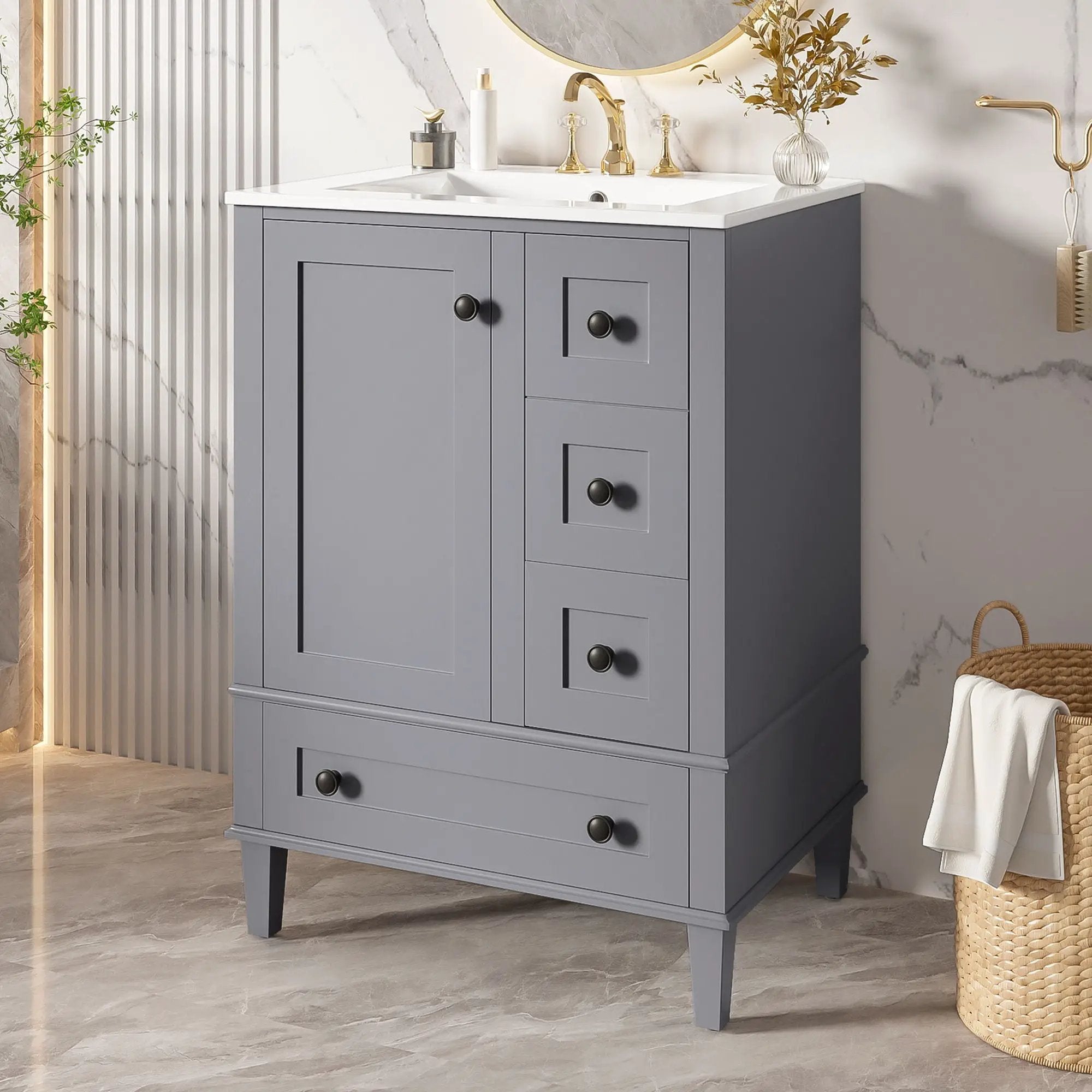 Bathroom Vanity With Integrated Basin, Soft Close Drawers, Door Mounted Double Layer Shelf by Unique Piece Furniture