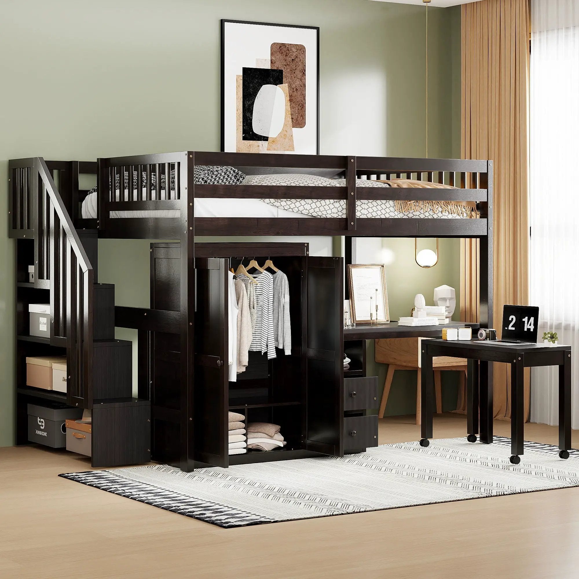 Loft Bed With Stairs, Bookshelf, Drawers, Desk & Wardrobe, Space Saving Multifunctional Furniture by HouseOfZazla