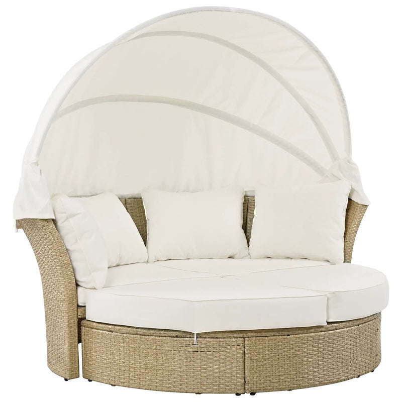 Outdoor Patio Daybed Wicker Rattan Double Daybed Round Sofa Furniture Set With Retractable Canopy, 4 Pillows For Lawn Garden by HouseOfZazla