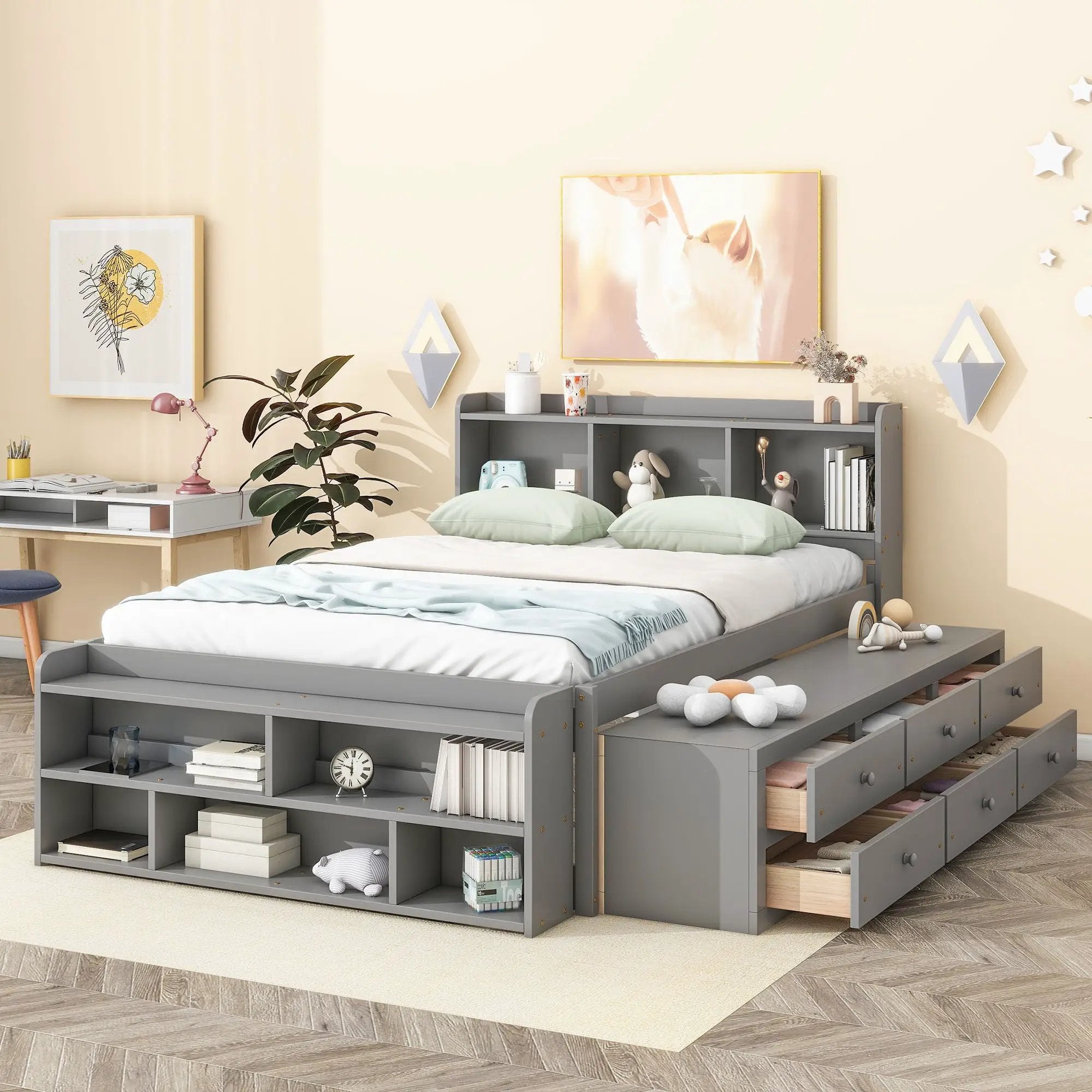 Bed With Bookcase Headboard, Under Bed Storage Drawers And Bed End Storage Case by HouseOfZazla