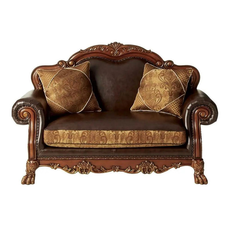 Dresden - Loveseat With 2 Pillows - Brown Synthetic Leather & Chenille, Cherry Oak by Unique Piece Furniture