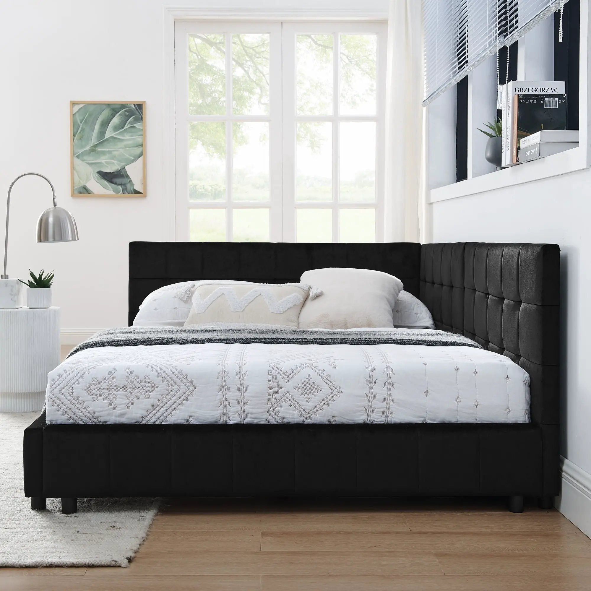 Mid-Century Storage Upholstered Tufted Bed Frame With Backrest And Armrests by HouseOfZazla