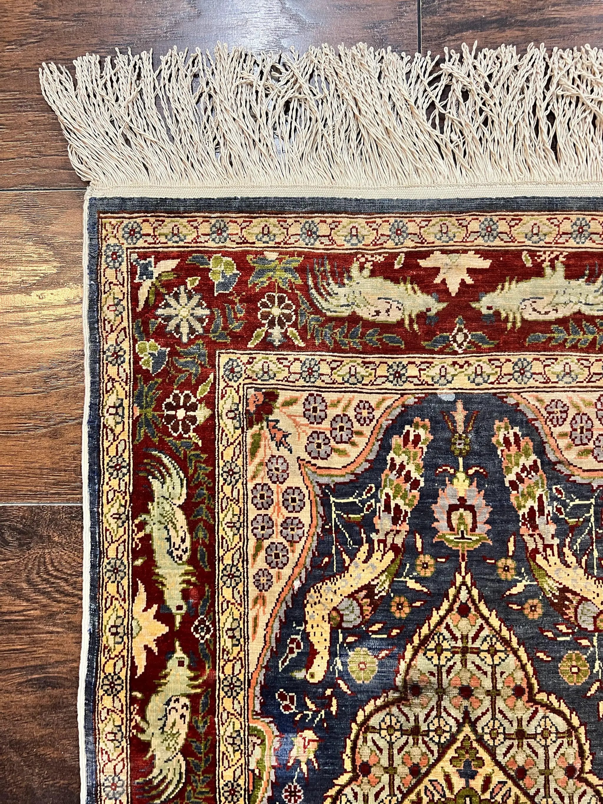 Silk Turkish Hereke Rug 2x3, Peacocks Birds, Signature from Master Weaver, Super Finely Hand Knotted 550 KPSI, Animal Pictorials by Jewel Rugs