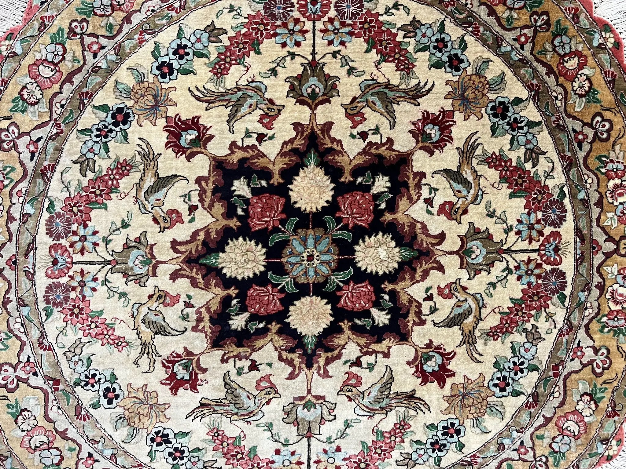 Silk Persian Tabriz Round Rug 3x3 ft, Very Fine Hand Knotted Carpet 380 KPSI, Cream & Gold, Bird Pictorials, Floral, Rare by Jewel Rugs