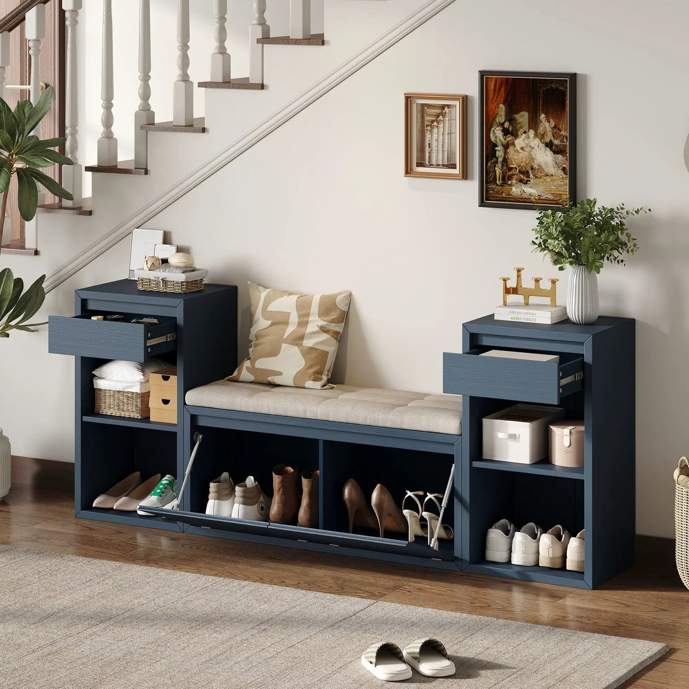 Entryway Storage Bench With Cushion, Drawers & Open Shelves by Unique Piece Furniture