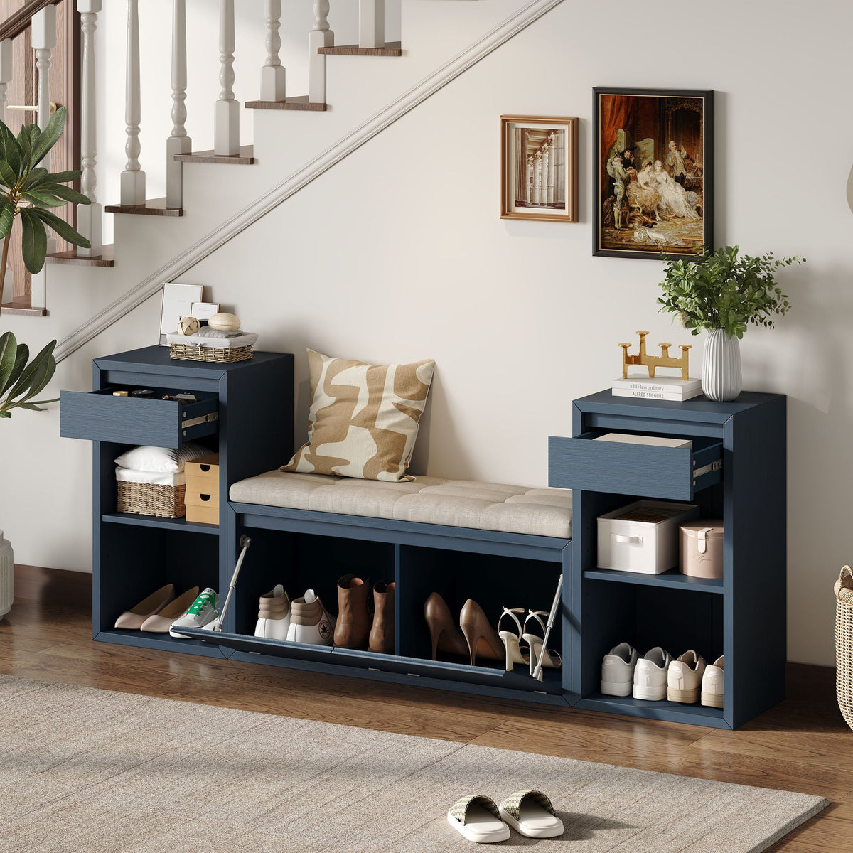 Entryway Storage Bench with Cushion, Drawers & Open Shelves - Choice of Color, photo 36 of 40