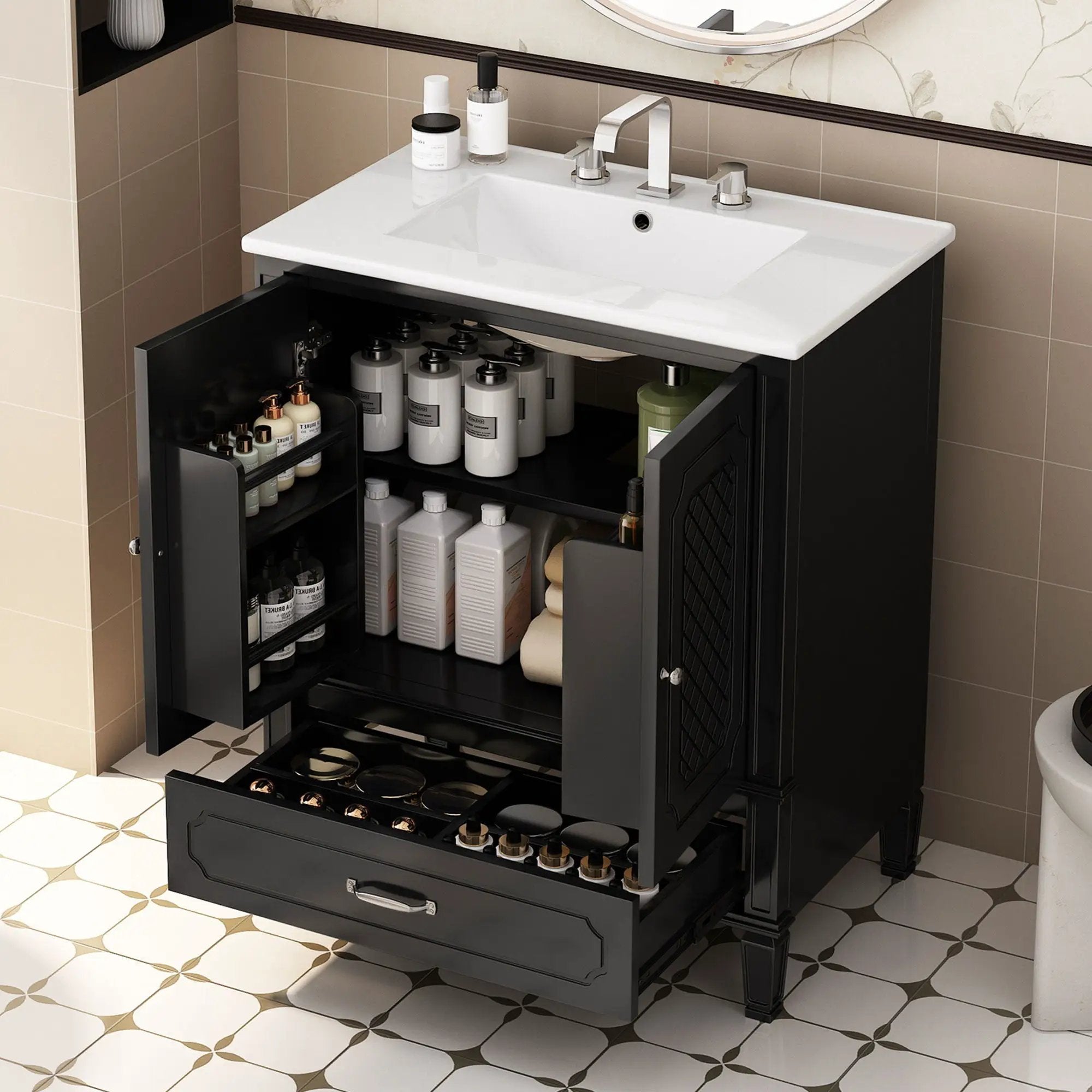 Vintage Style Bathroom Vanity With Sink, Multi-Functional Storage, Soft-Closing Door by HouseOfZazla