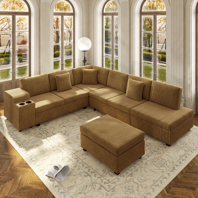 110.2" L-Shaped Sectional Sofa Set with Removable Ottoman in Camel by HouseOfZazla