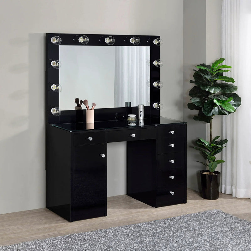 Acena 7-drawer Vanity Set with Lighting Black High Gloss by Unique Piece Furniture