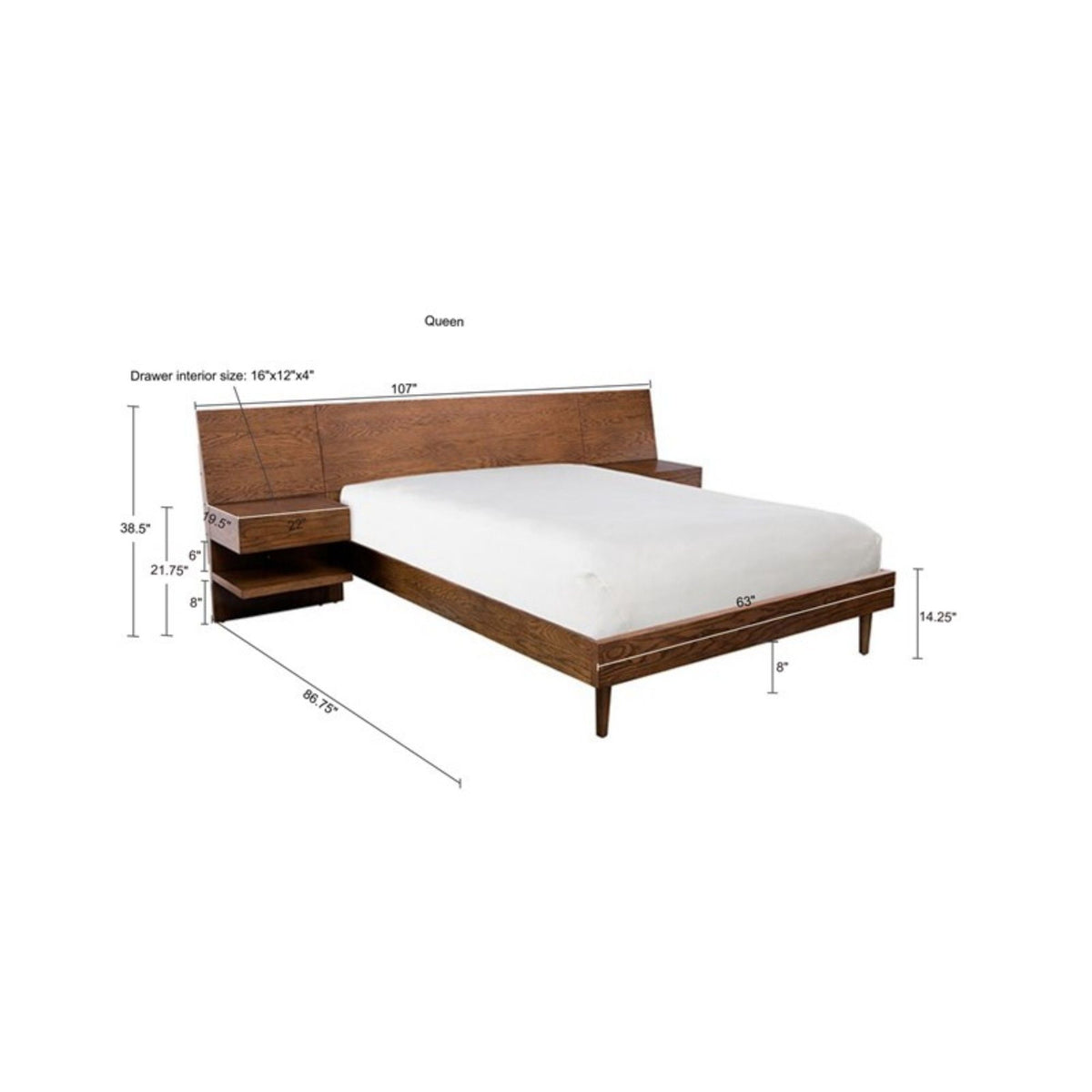 Queen Size Storage Bed with Attached Nightstands and Hidden Storage - Pecan, photo 4 of 5