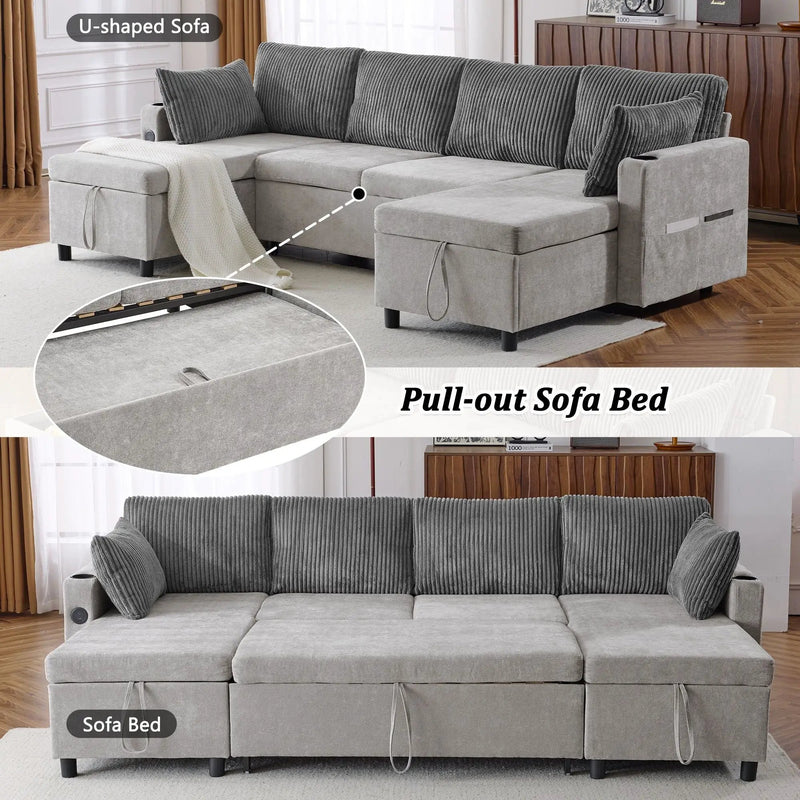 Sectional Sofa Bed With Pull Out Sleeper, USB Ports, Cup Holders by HouseOfZazla
