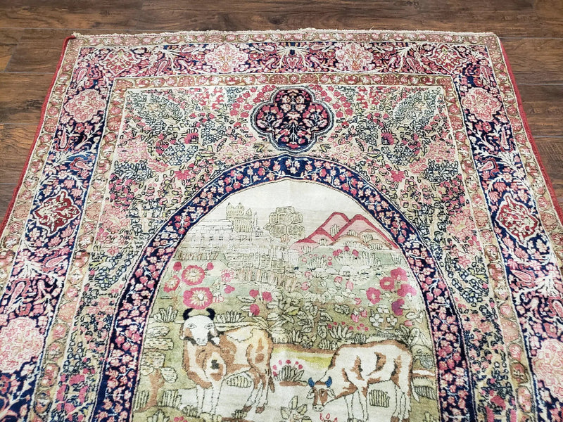Antique Persian Kerman Lavar Rug 4.4 x 7.5, Highly Collectible Rare, 1880s Rug, Millefleurs, Cows, Wool Hand Knotted, Pictorial by Jewel Rugs