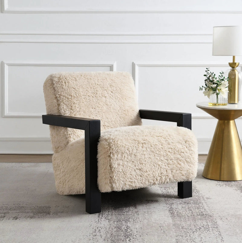 Fitzroy Faux Fur Upholstered Chair Solid Wood Arms Latte by Unique Piece Furniture