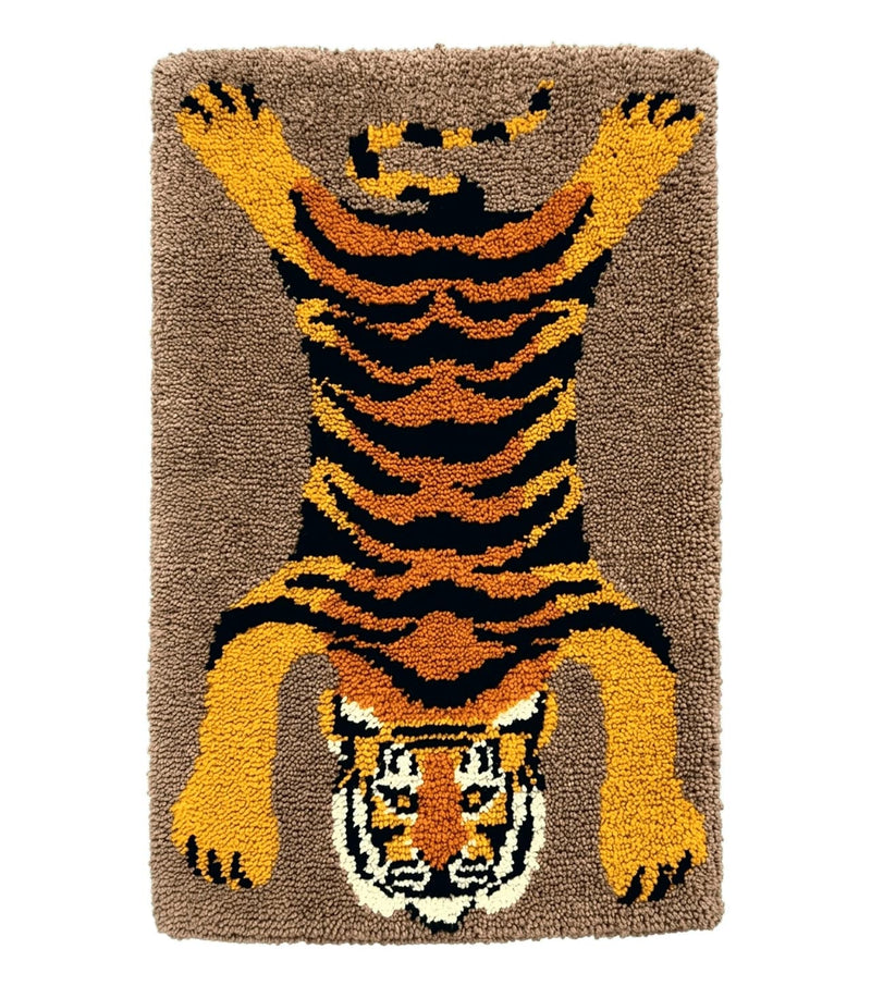 Small Hooked Rug 2x3, Tibetan Tiger Design, Wool, Unique Hooked Rug, Vintage by Jewel Rugs