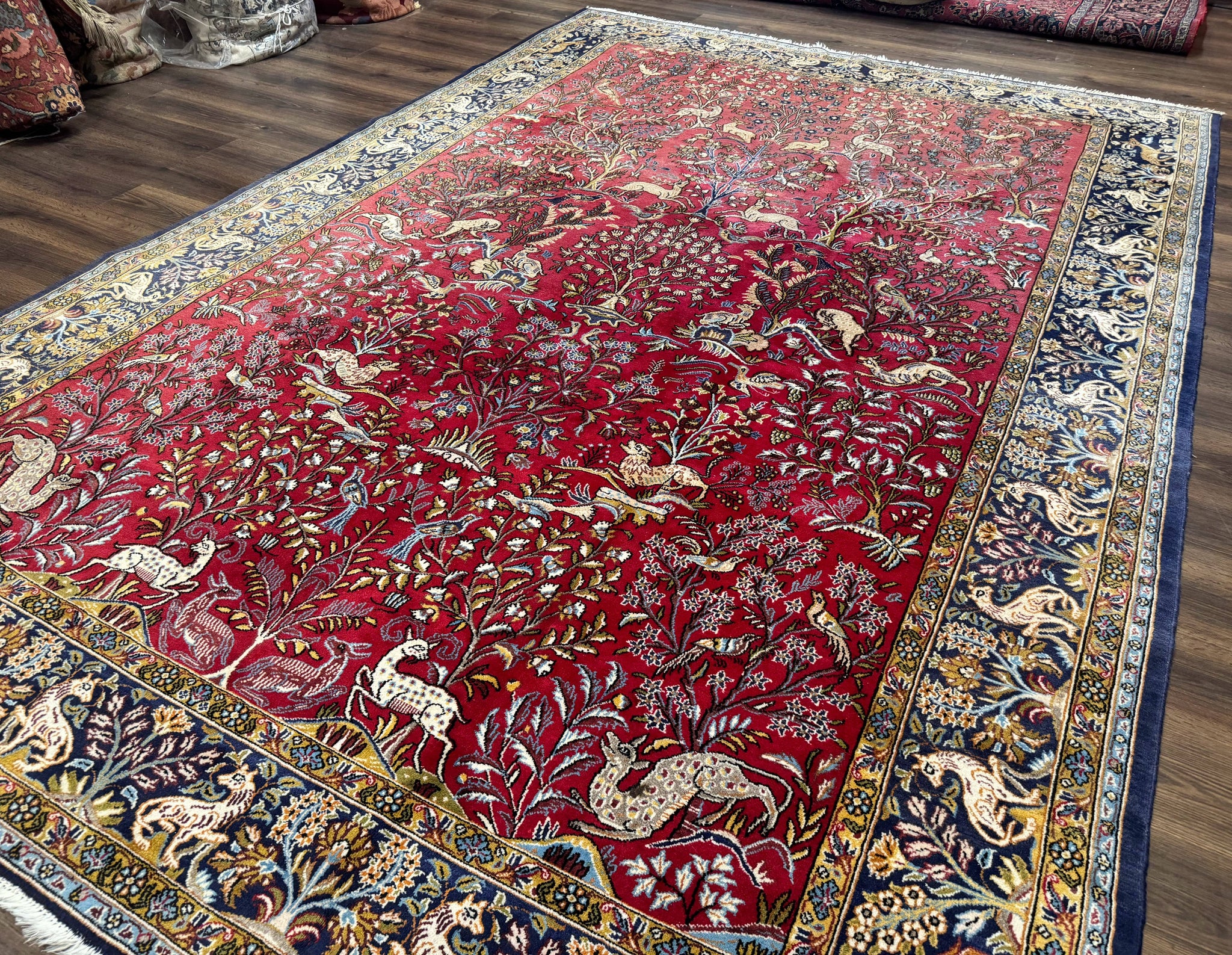 Persian Qum Rug 9x12, Animal Pictorials, Deer Birds, Tree of Life, Red and Navy Blue by Jewel Rugs