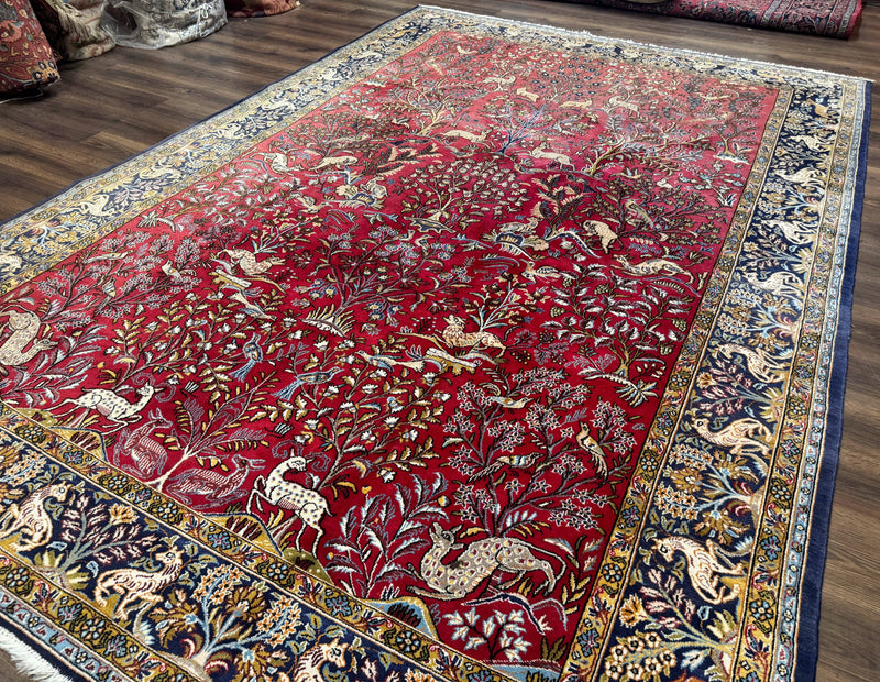 Persian Qum Rug 9x12, Animal Pictorials, Deer Birds, Tree of Life, Red and Navy Blue by Jewel Rugs