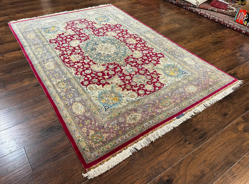 Stunning Persian Tabriz Rug 5x7, Signed by Masterweaver, Maroon, Floral Medallion, Ultra Fine 70 Raj 625 KPSI, Kork Wool Silk Foundation, Handmade by Jewel Rugs