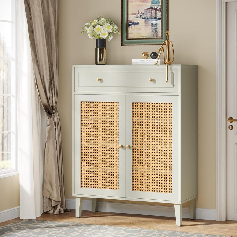 Shoe Cabinet With Rattan Doors And Drawer, 4 Tier Storage Organizer - Mint Green by HouseOfZazla