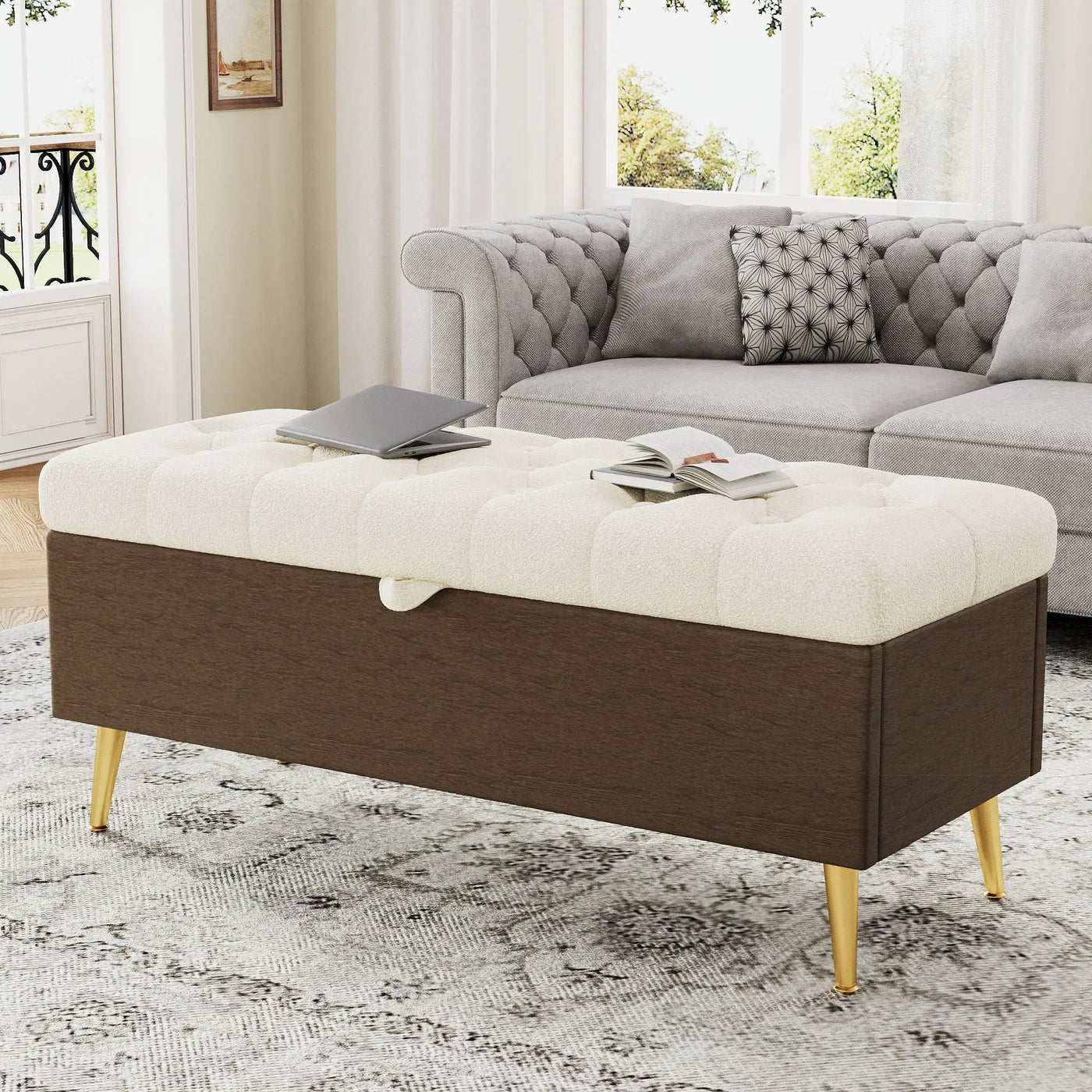 Modern Tufted Storage Ottoman Bench with Metal Legs by HouseOfZazla